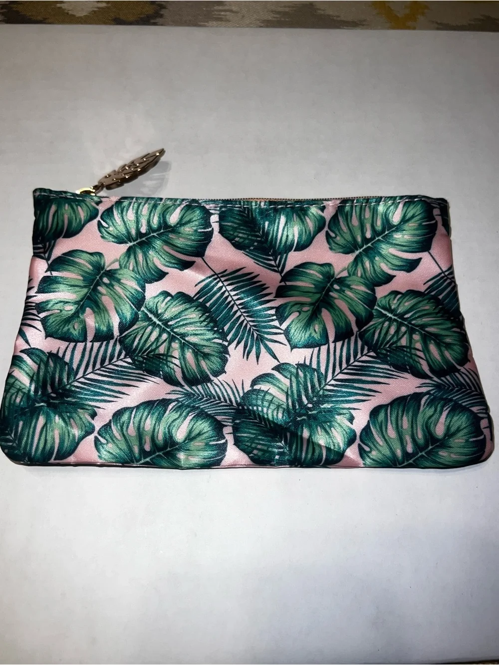 Tropical Leaf Print Zip Pouch - Pink & Green